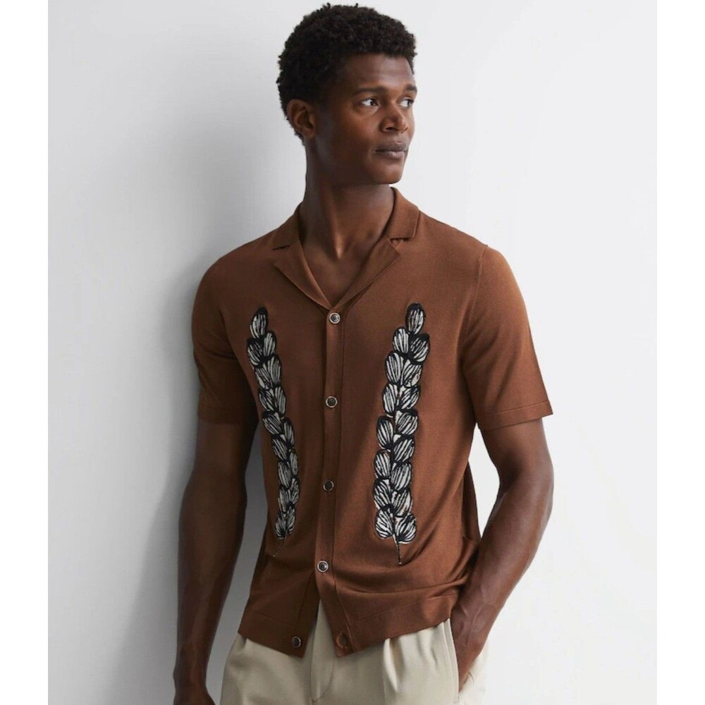 REISS Men Cuban Collar Button-Up Through T-Shirt Floral Embroidered Tobacco Sz M